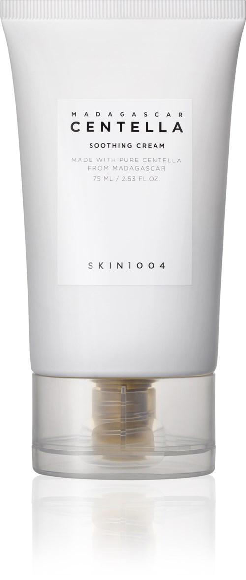 Eine weiße Tube mit Hautcreme, Beschriftung 'Madagascar Centella Soothing Cream' mit transparentem Deckel.
