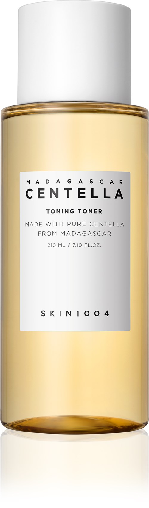 Eine klare Flasche mit weißem Deckel, enthält eine hellgelbe Flüssigkeit, gekennzeichnet als Madagaskar Centella Toner.
