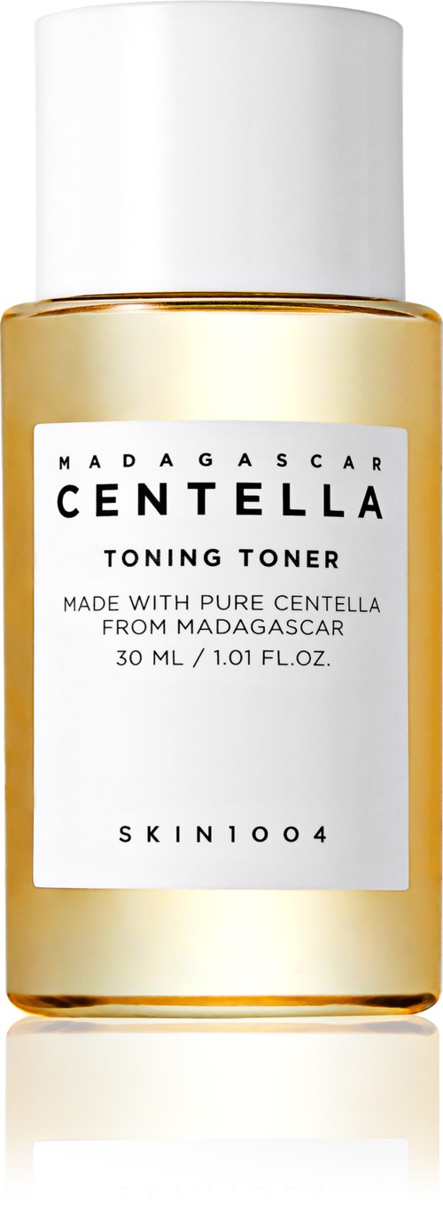 Eine goldene Flasche mit Madagascar Centella Toning Toner, weißem Deckel und Label, 30 ml.