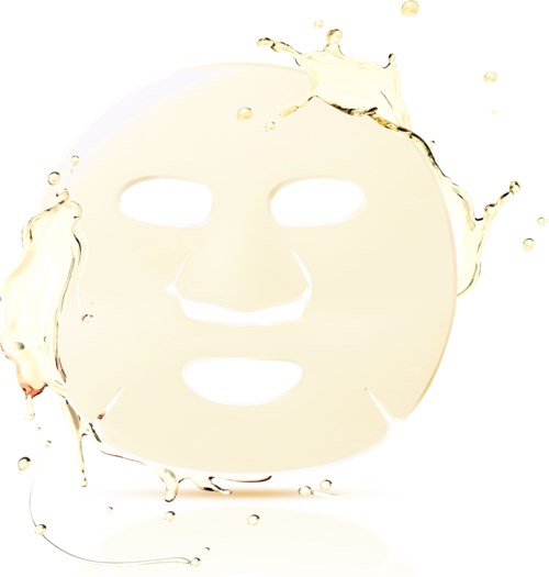 Eine Gesichtsmaske aus durchsichtigem Material, umgeben von Flüssigkeitsspritzen, sieht beruhigend und sauber aus.