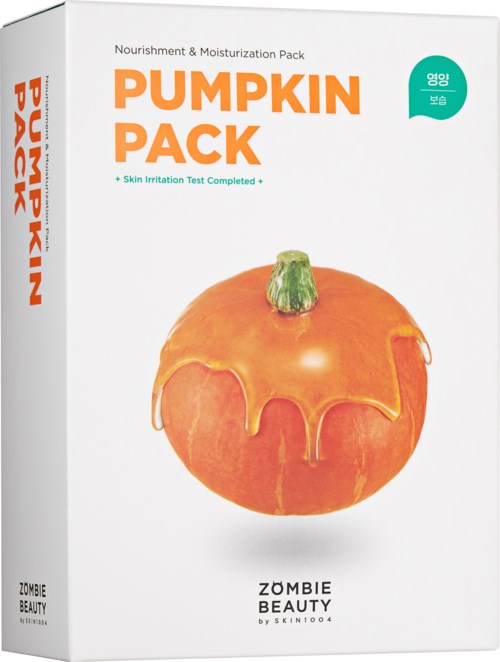 A pumpkin with orange skin and drippy yellow-orange top on a white background. Text describes a skincare pack.