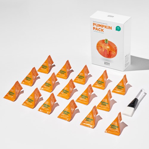 The image shows a pumpkin-shaped product pack with orange packaging, a white box labeled 'PUMPKIN PACK,' and a small device.