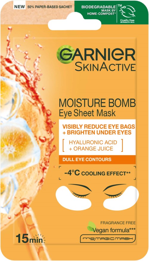 Garnier SkinActive Feuchtigkeitsbombe Augenmaske mit kühlender Wirkung, vegan, parfumfrei, hellt die Augenpartie auf, reduziert Schwellungen.