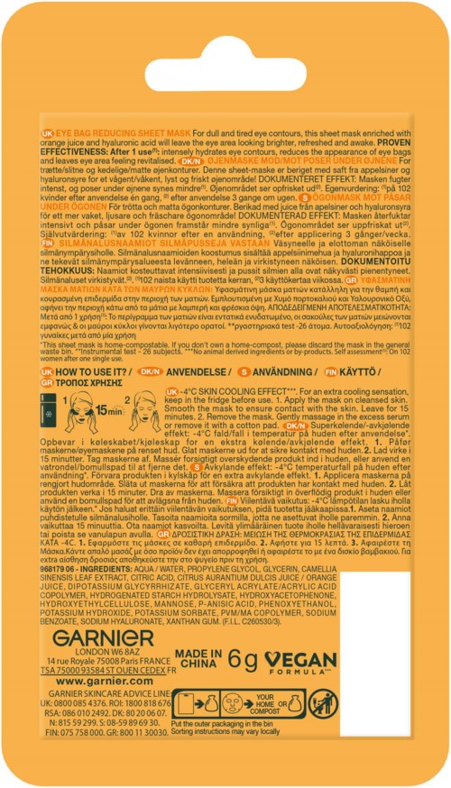 Orange Verpackung für Garnier Hautpflege mit Textanweisungen und Symbolen, einschließlich vegan und 6g.