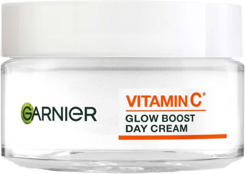 Een pot Garnier Vitamin C Glow Boost Day Cream met witte deksel en label met de productnaam.