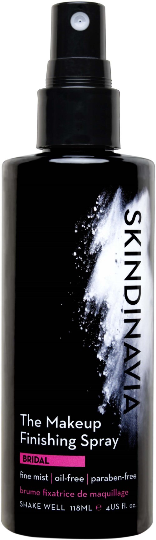 Schwarze Sprühflasche mit 'SkinDiNaVIA' für Make-up-Finish, als Braut-Setzspray, frei von Öl und Parabenen.
