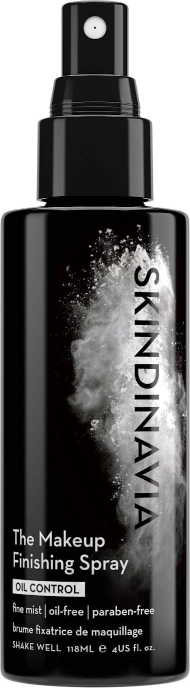 Eine schwarze Sprühflasche mit Spraykopf, beschriftet 'SKINDINAVIA' für Make-up-Finish-Spray, Ölkontrolle, parabenfrei.