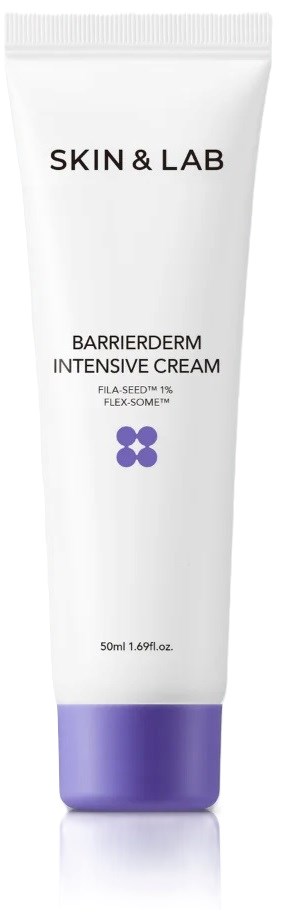 Een witte tube huidverzorgingscrème met paarse dop, gelabeld 'Skin & Lab' en 'Barrierderm Intensive Cream.'