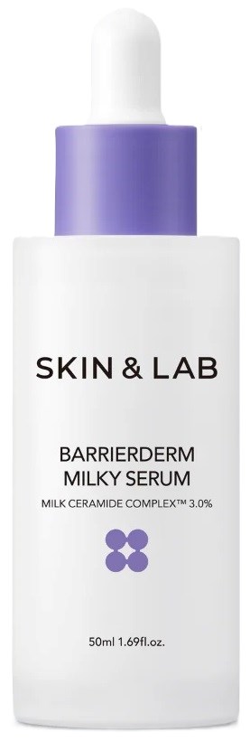 Een witte fles met een paarse dop met Skin & Lab Milky Serum voor huidverzorging.