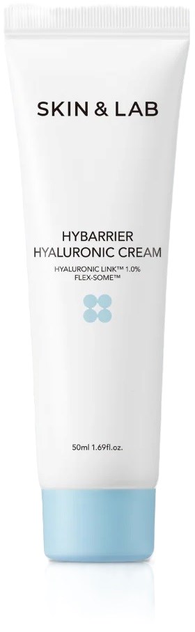 Een witte tube met blauwe dop, gelabeld Skin & Lab Hybarrier Hyaluronic Cream, 50 ml.
