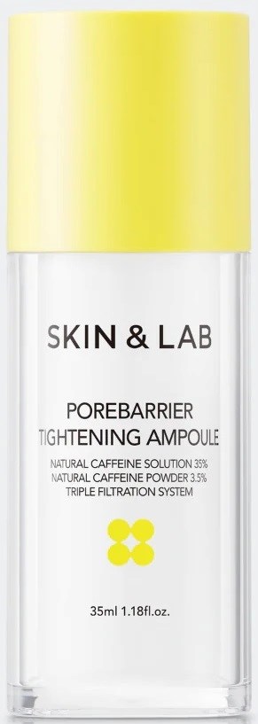 Een doorzichtige fles met gele dop, gelabeld 'SKIN & LAB' en 'POREBARRIER TIGHTENING AMPOULE'.