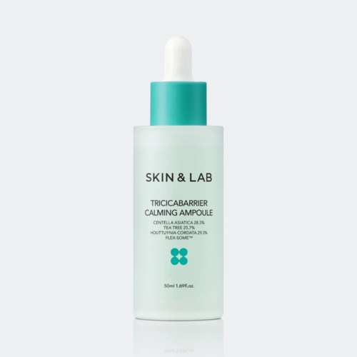 Huidverzorgingsfles met pipet, labeled 'Skin & Lab Tricica Barrier Calming Ampoule', 50 ml.