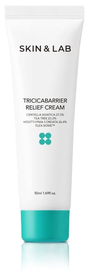 Witte tube met teal dop, gelabeld Skin & Lab Tricicabarrer Relief Cream, bevat 50ml, biedt huidverlichting.