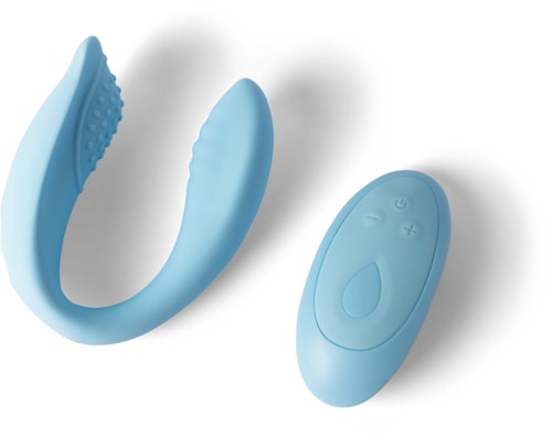 Ein blauer, gebogener Vorrichtung mit strukturiertem Bereich, plus eine Fernbedienung mit Tasten, wahrscheinlich ein Vibrationsmassagegerät.