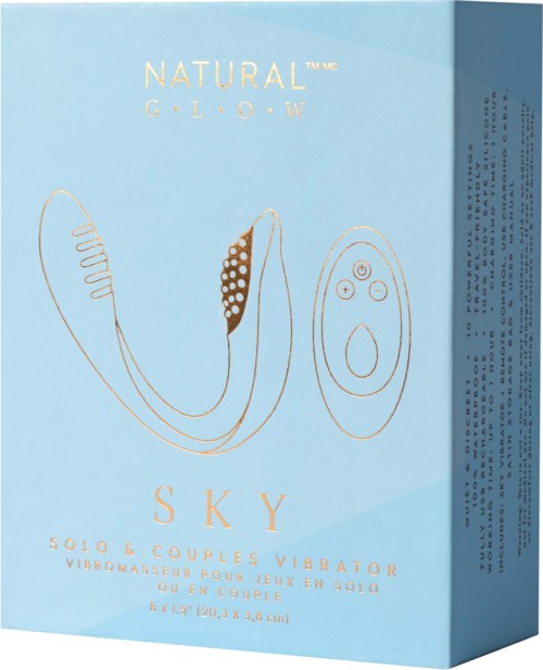 Die Verpackung hat einen hellblauen Hintergrund mit einer einfachen Linienzeichnung eines Partnervibrators und eines allein, mit goldener Schrift.