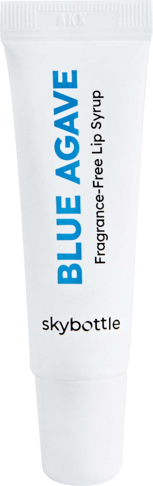 Valkoinen putki, jossa on sinistä ja mustaa tekstiä, nimeltä 'BLUE AGAVE' ja 'skybottle,' hajusteettomalle huulivoiteelle.