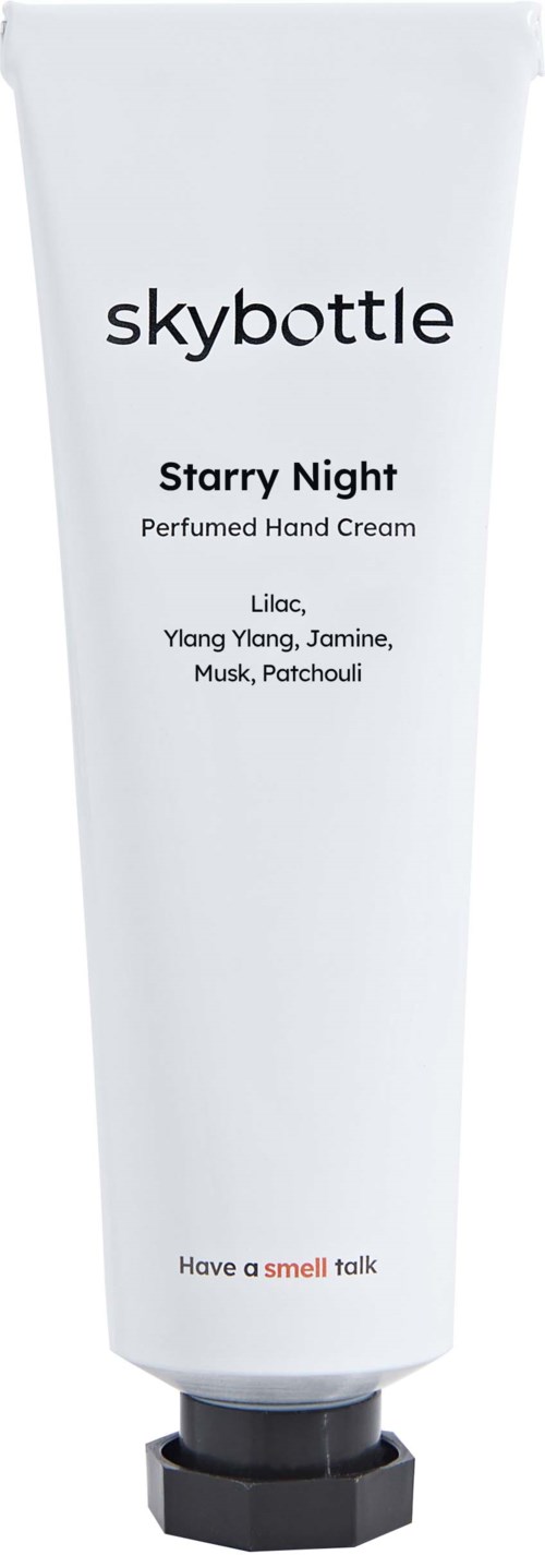 Valkoinen putkilo merkinnällä 'skybottle' käsivoiteelle, tuoksut kuten lilja, jasmiini, myski ja patchouli, sekä slogan.