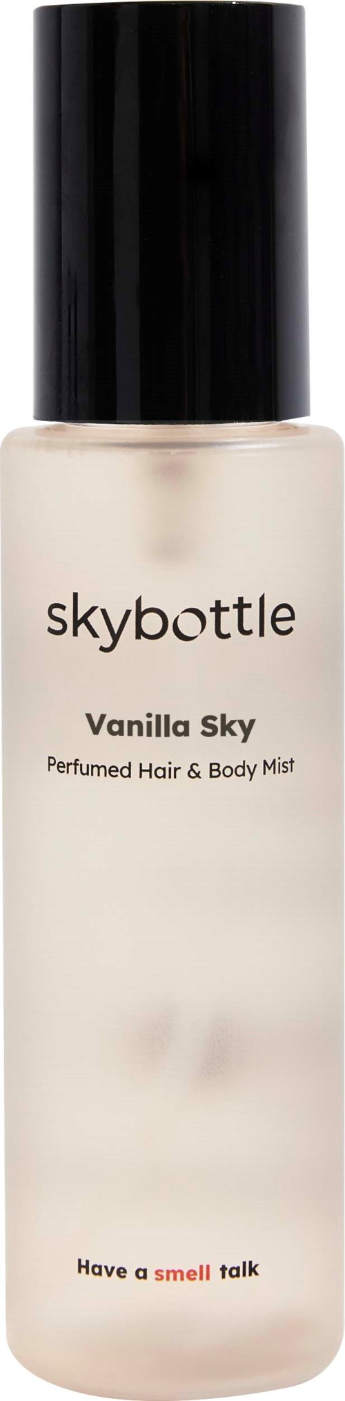 A tall bottle with a black cap, labeled 'skybottle,' vanilla scent, for hair and body mist.