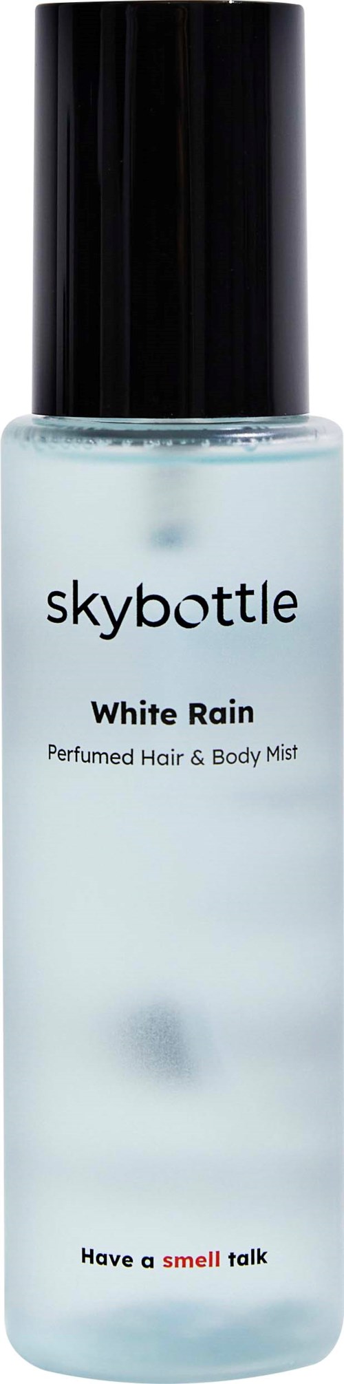 Bottle with black cap, labeled Skybottle White Rain, for hair and body mist, with a humorous message.