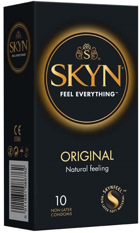Schwarze Verpackung mit goldener und weißer Beschriftung, SKYNN, fühlt sich natürlich an, enthält 10 latexfreie Kondome.