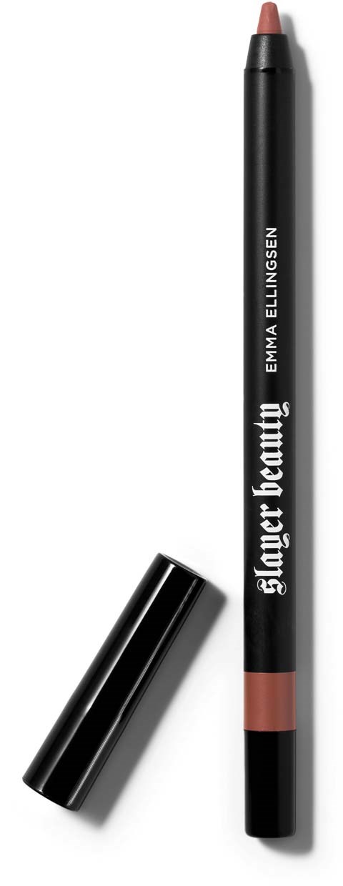 En svart eyelinspenna med en rosaaktig spets och en svart lock, märkt 'slayer beauty' av Emma Ellingsen.