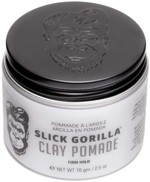 Witte pot met Slick Gorilla Clay Pomade en zwarte deksel met een gorillagesichtlogo.