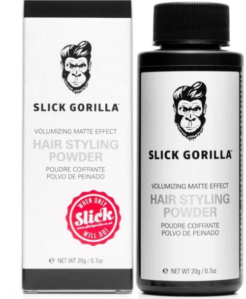 Dit is een zwart-wit doos en fles met een gorillalogo, die haarstylingpoeder verkoopt.