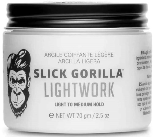 Een cosmeticablik met label 'Slick Gorilla Lightwork', lichte tot gemiddelde hold, met gorillalogo, 70 gram.