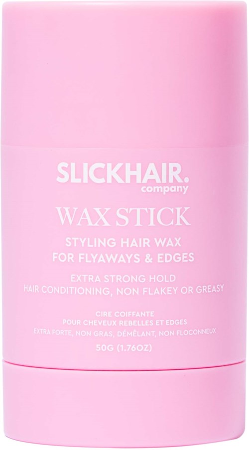 Roze container voor Slick Hair Wax Stick voor styling van pluizige haarlokken en randen met sterke hold.