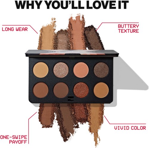 En makeup-palette med sex nyanser som visar lång hållbarhet, smörig textur, ett-slags uppnådlighet och levande färg.