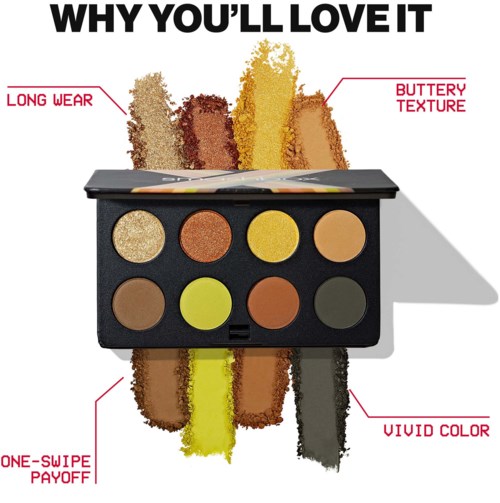 En makeup-palett med åtta ögonskuggor, märkta för lång hållbarhet, smörig textur, ett svep för färg och klara färger.