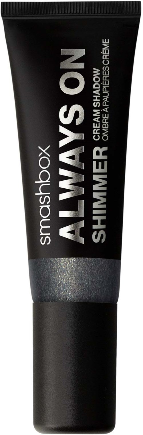 Svart tub med Smashbox Always On shimmer-ögonskugga, med vit och silver text.