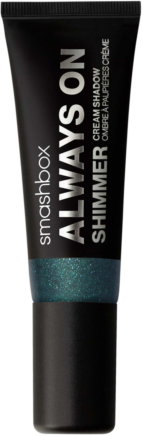 En svart tub med blågrön glans, märkt "smashbox ALWAYS ON SHIMMER CREAM FACE SHADOW".