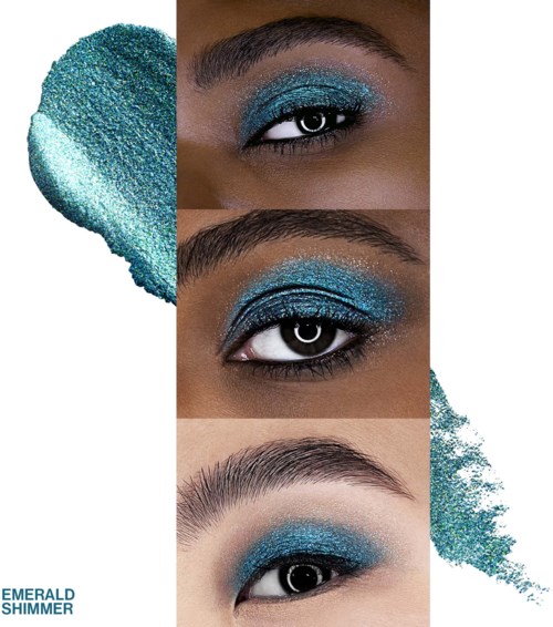 Närbild av ögon med blågrön ögonskugga och glitter, visar olika ögonmakeupstilar.