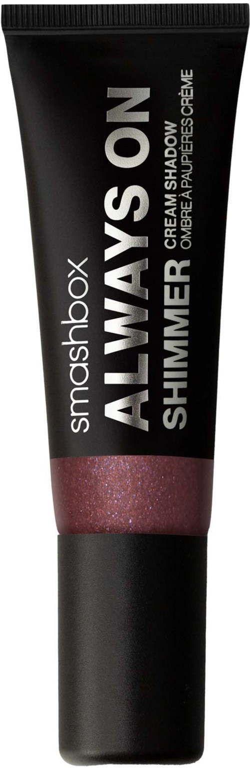 En svart tub med Smashbox Always on shimmer ögonskugga med mörk rosa glitter.