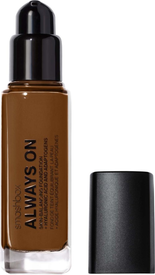 A brown foundation bottle with a black pump and cap, labeled "Always On" and containing liquid makeup.