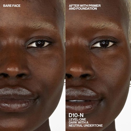 A face before and after applying primer and foundation, showing smoother skin and a darker, neutral undertone.