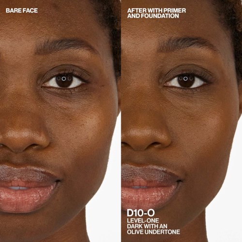 Comparison showing a woman's face before and after using a primer and foundation for dark skin.