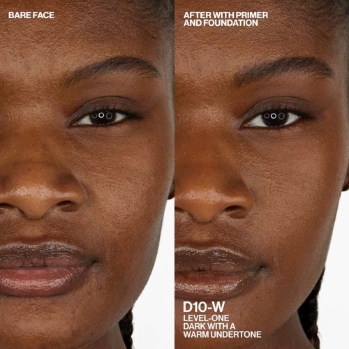 Side-by-side photo showing face before and after applying primer and foundation, with visible skin difference.