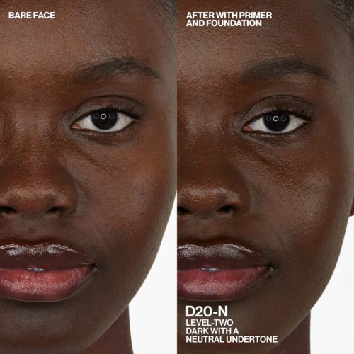 A side-by-side of a woman's face before and after applying makeup primer and foundation, showing smoother skin tone.