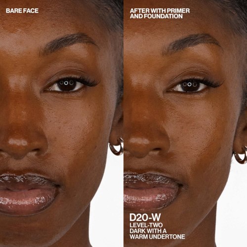 Before and after makeup, showcasing smoother, brighter skin and enhanced features. A woman with earrings, smiling slightly.