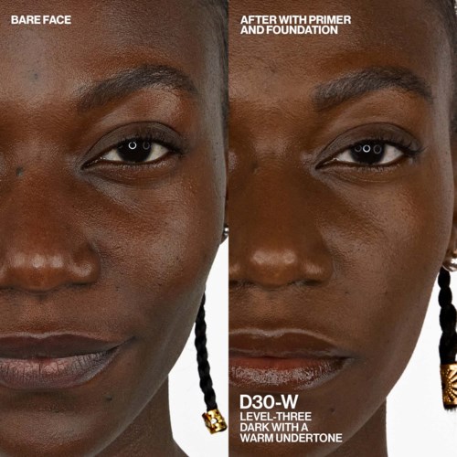 A side-by-side comparison of a woman's face before and after makeup, showing smoother, brighter skin and makeup enhancements.