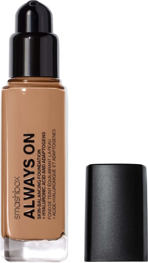 A bottle of liquid foundation with a black cap and beige label, called 'Always On' by Smashbox.