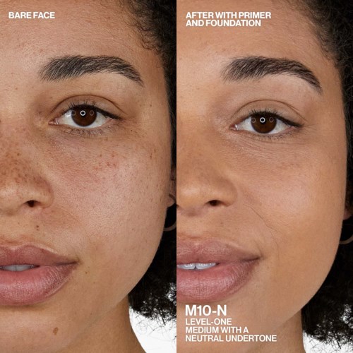 Side-by-side photo showing skin before and after applying primer and foundation, highlighting a smoother, more even complexion.