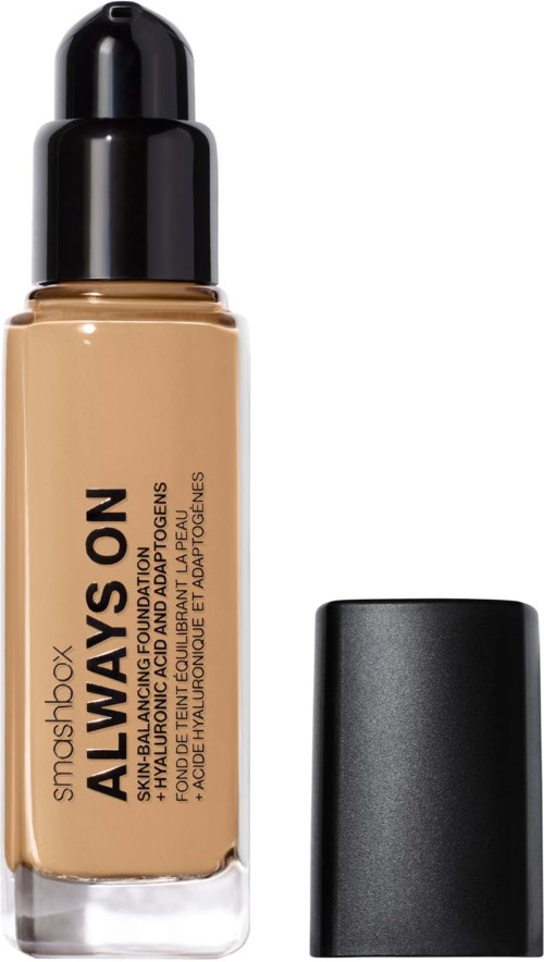 A foundation bottle with a black cap and beige liquid inside, labeled 'Always on' by Smashbox.