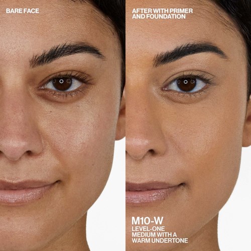 A before-and-after skincare comparison showing improved skin after using primer and foundation.