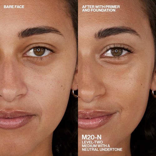 Side-by-side images show face before and after applying primer and foundation, with improved skin tone and texture.