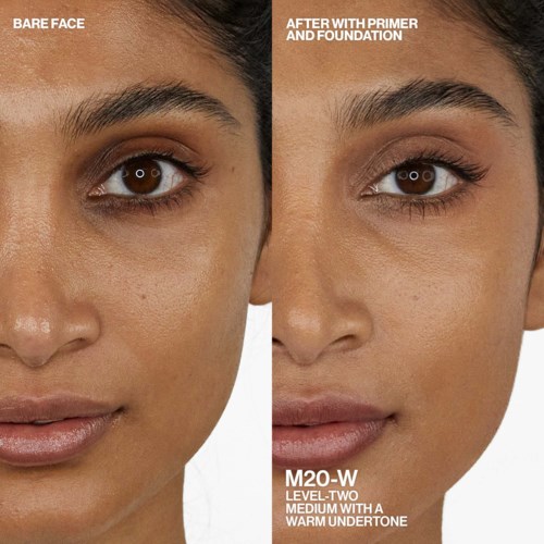 Side-by-side images showing a woman's face before and after makeup, highlighting skin improvement and makeup application effects.