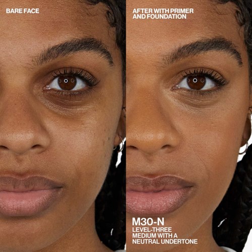 The image compares a person's face before and after applying primer and foundation. The skin looks smoother and more even after.