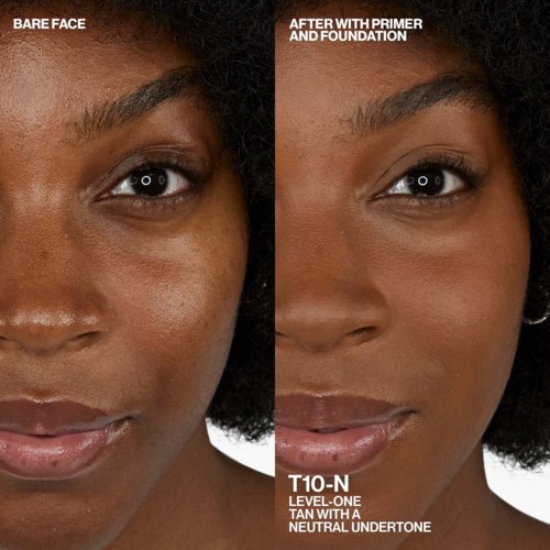 The image shows a before-and-after of a woman’s face with makeup, focusing on skin tone and smoothness after using primer and foundation.